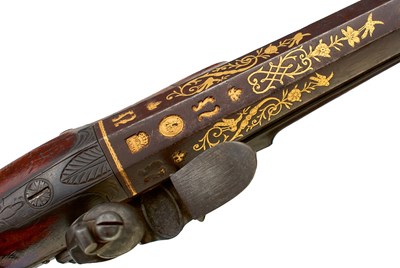 Lot 477 - A 15-BORE GOLD INLAID SPANISH BARRELLED FLINTLOCK SPORTING GUN BY MOORE