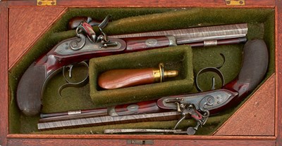 Lot 310 - A CASED PAIR OF 25-BORE IRISH FLINTLOCK DUELLING PISTOLS BY THOMAS FOWLER OF DUBLIN