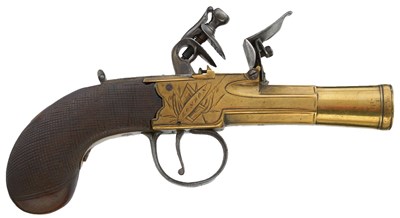 Lot 319 - AN 18-BORE FLINTLOCK BRASS BARRELLED BLUNDERBUSS PISTOL BY NOCK