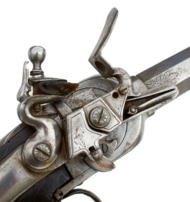 Lot 329 - A VERY RARE LATE 17TH OR EARLY 18TH CENTURY 56-BORE REPEATING FLINTLOCK HOLSTER PISTOL ON THE LORENZONI PRINCIPLE