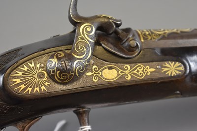 Lot 161 - A FINE .650 CALIBRE PERCUSSION OTTOMAN RIFLE WITH GOLD KOFTGARI AND DAMASCUS MOUNTS