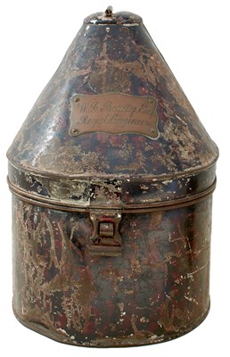 Lot 581 - A JAPANNED BLUE CLOTH HELMET TIN