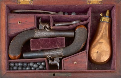 Lot 331 - A CASED PAIR OF 100-BORE PERCUSSION BOXLOCK POCKET OR MUFF PISTOLS BY FARMER OF CARDIFF