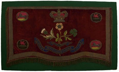 Lot 691 - A VICTORIAN DRUM BANNER TO THE MONTGOMERYSHIRE YEOMANRY CAVALRY
