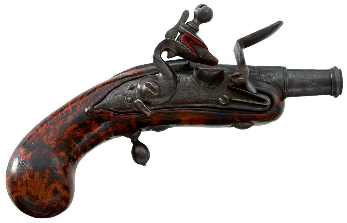 Lot 320 - A LATE 17TH CENTURY ENGLISH 80-BORE FLINTLOCK POCKET PISTOL