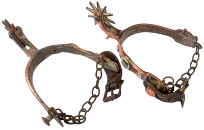 Lot 574 - A PAIR OF LATE 19TH CENTURY AMERICAN SPURS BY NORTH & JUDD OF CONNECTICUT