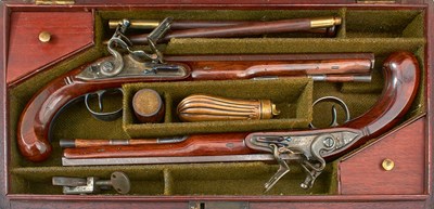 Lot A CASED PAIR OF 28-BORE FLINTLOCK DUELLING PISTOLS BY TWIGG OF LONDON