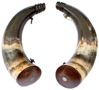 Lot 480 - A SCARCE PAIR OF FINE QUALITY SMALL POWDER HORNS
