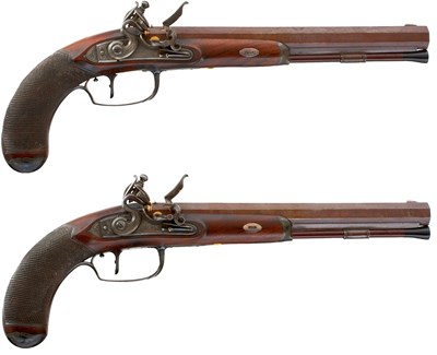 Lot 109 - A FINE PAIR OF 30-BORE FLINTLOCK DUELLING PISTOLS BY DURS EGG