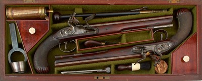 Lot 110 - A CASED PAIR OF FLINTLOCK DUELLING PISTOLS BY H. W. MORTIMER