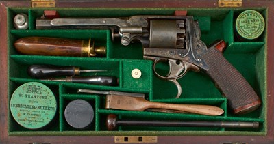 Lot 74 - A SCARCE CASED 54-BORE FIVE-SHOT PERCUSSION DOUBLE TRIGGER BEAUMONT ADAMS TRANTER REVOLVER BY DEANE & ADAMS