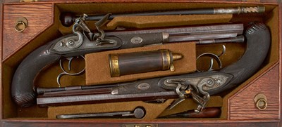 Lot 111 - A FINE QUALITY CASED PAIR OF 22-BORE FLINTLOCK DUELLING PISTOLS BY H. W. MORTIMER