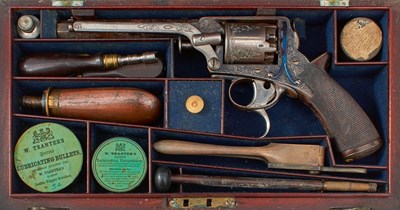 Lot 75 - A GOOD CASED 54-BORE FIVE-SHOT PERCUSSION DOUBLE TRIGGER TRANTER REVOLVER