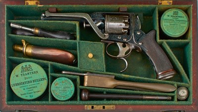 Lot 73 - A GOOD CASED 80-BORE FIVE-SHOT PERCUSSION DOUBLE TRIGGER TRANTER REVOLVER