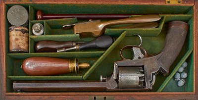 Lot 72 - A SCARCE CASED 38-BORE FIVE-SHOT PERCUSSION DOUBLE TRIGGER TRANTER ADAMS PERCUSSION DRAGOON REVOLVER
