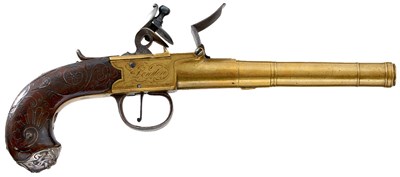 Lot 468 - A 56-BORE BRASS FLINTLOCK BOXLOCK POCKET PISTOL BY ARCHER