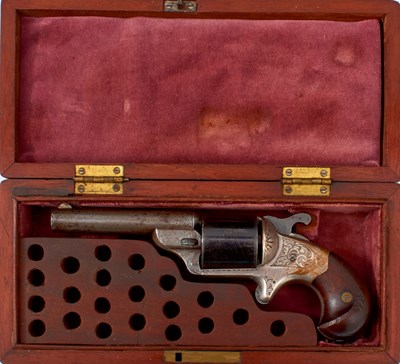 Lot 576 - A CASED .32 RIMFIRE MOORE’S PATENT SIX-SHOT TEAT-FIRE FRONT LOADING REVOLVER