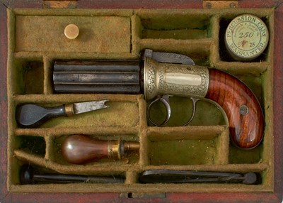 Lot 589 - A CASED 120-BORE SIX-SHOT PERCUSSION PEPPERBOX REVOLVER