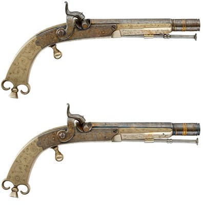 Lot 366 - A PAIR OF 50-BORE GERMAN SILVER SCOTTISH PERCUSSION BELT PISTOLS