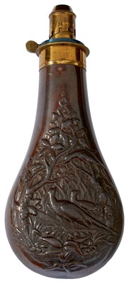 Lot 515 - A GOOD EMBOSSED COPPER POWDER FLASK BY BARTRAM
