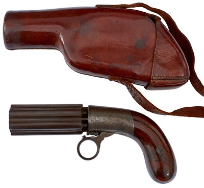 Lot 233 - A 100-BORE SIX-SHOT PERCUSSION PEPPERBOX REVOLVER AND CAMPAIGN HOLSTER ENSEMBLE