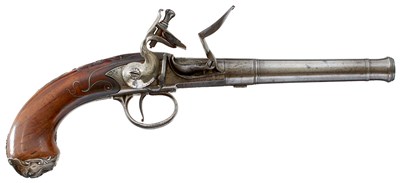 Lot 452 - A PAIR OF 22-BORE SILVER MOUNTED FLINTLOCK QUEEN ANNE PISTOLS BY RICHARDS