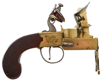 Lot 460 - A GOOD LARGE FLINTLOCK TINDER LIGHTER NAMED TO THE GEORGE HOTEL IN STAMFORD