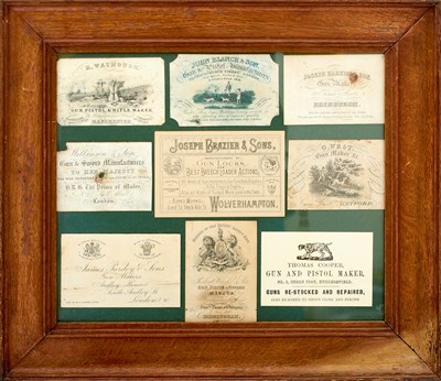 Lot 515 - A FRAMED COLLECTION OF NINE GUN MAKER'S TRADE LABELS
