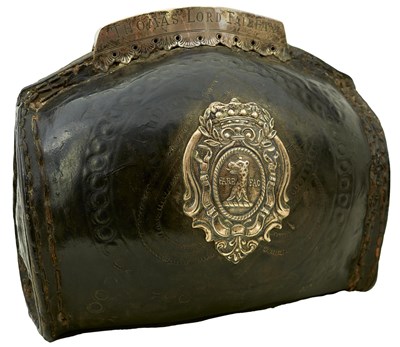 Lot 349 - A 17TH CENTURY ENGLISH CIVIL WAR RELATED SILVER MOUNTED LEATHER COVERED FLASK BELONGING TO SIR THOMAS FAIRFAX