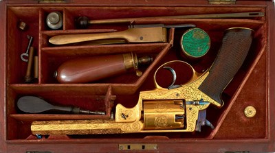 Lot 592 - A FINE CASED 54-BORE GOLD PLATED FIVE-SHOT PERCUSSION ADAMS REVOLVER