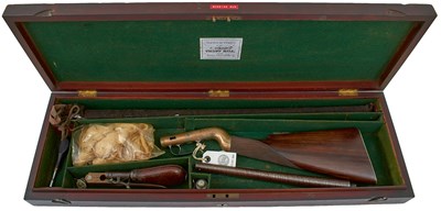 Lot 593 - A VERY RARE CASED BUDDING PATENT PERCUSSION WALKING STICK COMBINATION SHOTGUN AND RIFLE
