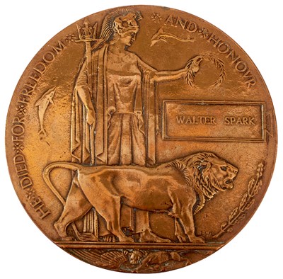 Lot 910 - A FIRST WAR DEATH PLAQUE TO WALTER SPARK