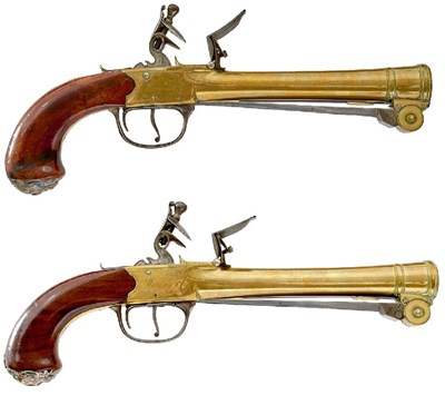 Lot A RARE PAIR OF 18TH CENTURY SILVER MOUNTED FLINTLOCK WATERS PATENT BAYONET BOARDING OR COACHING PISTOLS