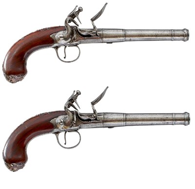 Lot A PAIR OF 20-BORE SILVER MOUNTED FLINTLOCK QUEEN ANNE PISTOLS BY RICHARDS OF LONDON