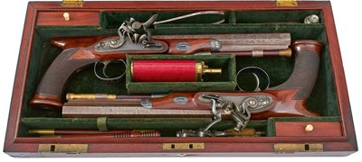 Lot A CASED PAIR OF 28-BORE FLINTLOCK SAW-HANDLED DUELLING PISTOLS BY CLARK OF LONDON