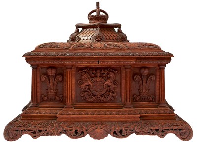 Lot THE EARLY 20TH CENTURY CARVED OAK LAUNCHING CASKET OF LARGE PROPORTIONS FOR H.M.S. KING EDWARD VII
