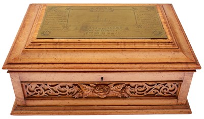 Lot THE LATE VICTORIAN BIRDS EYE MAPLE LAUNCHING CASKET FOR H.M.S. CAMPERDOWN