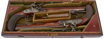 Lot A CASED PAIR OF IRISH 20-BORE FLINTLOCK DUELLING PISTOLS BY FOWLER OF DUBLIN