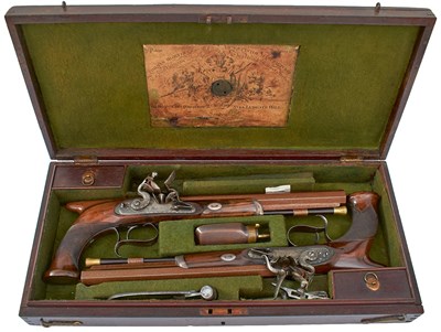 Lot A CASED PAIR OF 25-BORE FLINTLOCK SAW-HANDLED DUELLING PISTOLS BY THOMAS MORTIMER