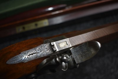 Lot 268 - A FINE CASED PAIR OF 38-BORE DUELLING PISTOLS BY JOSEPH MANTON