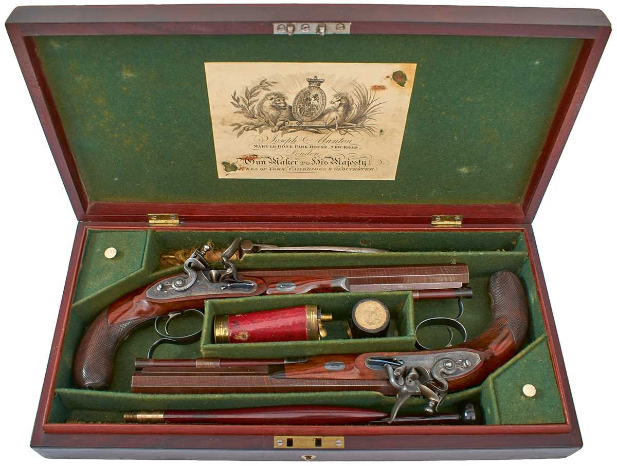 Lot 268 - A FINE CASED PAIR OF 38-BORE DUELLING PISTOLS BY JOSEPH MANTON