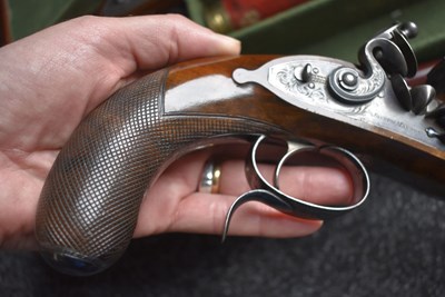 Lot 268 - A FINE CASED PAIR OF 38-BORE DUELLING PISTOLS BY JOSEPH MANTON