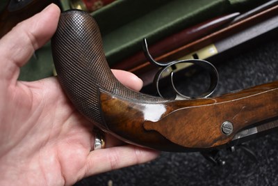 Lot 268 - A FINE CASED PAIR OF 38-BORE DUELLING PISTOLS BY JOSEPH MANTON