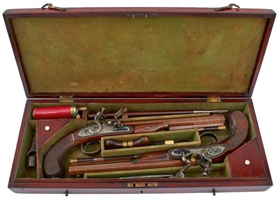 Lot A CASED PAIR OF 24-BORE FLINTLOCK DUELLING PISTOLS BY JOHN MANTON