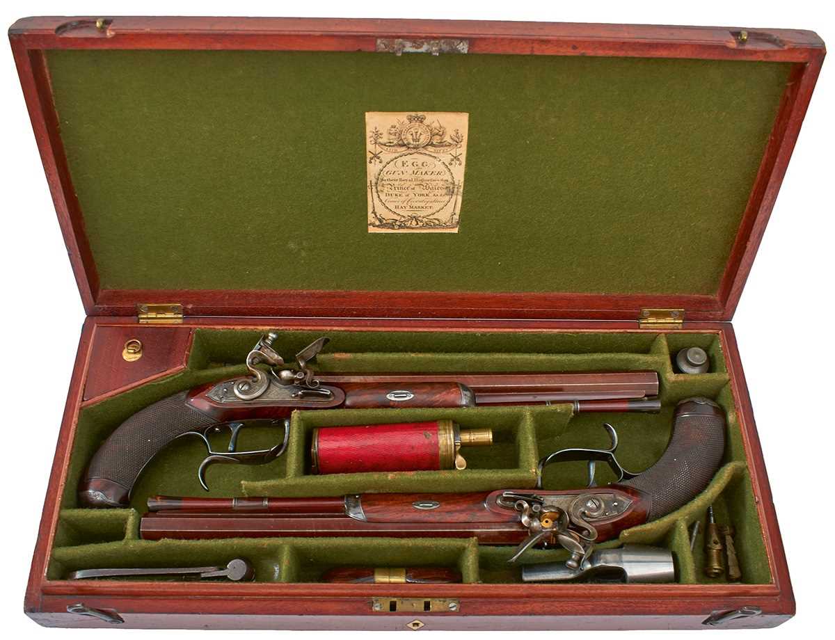 Lot 269 - A CASED PAIR OF 32-BORE FLINTLOCK DUELLING PISTOLS BY DURRS EGG