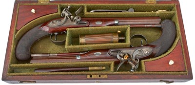 Lot A FINE CASED PAIR OF 20-BORE FLINTLOCK DUELLING PISTOLS BY HENRY NOCK