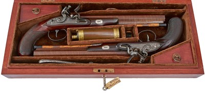 Lot A LATER CASED PAIR OF 38-BORE FLINTLOCK DUELLING PISTOLS BY MORTIMER