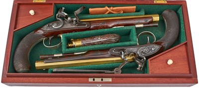 Lot A LATER CASED PAIR OF CRISP 20-BORE FLINTLOCK SILVER MOUNTED OFFICER'S PISTOLS BY WILSON