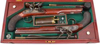 Lot A LATER CASED PAIR OF 22-BORE FLINTLOCK DUELLING PISTOLS BY JOHN BENNETT