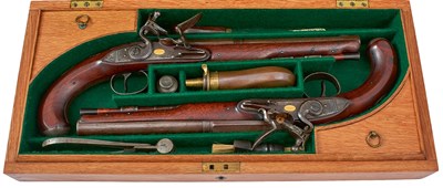 Lot A LATER CASED PAIR OF 22-BORE FLINTLOCK DUELLING OR OFFICER'S PISTOLS BY WILLIAM JOVER & SON
